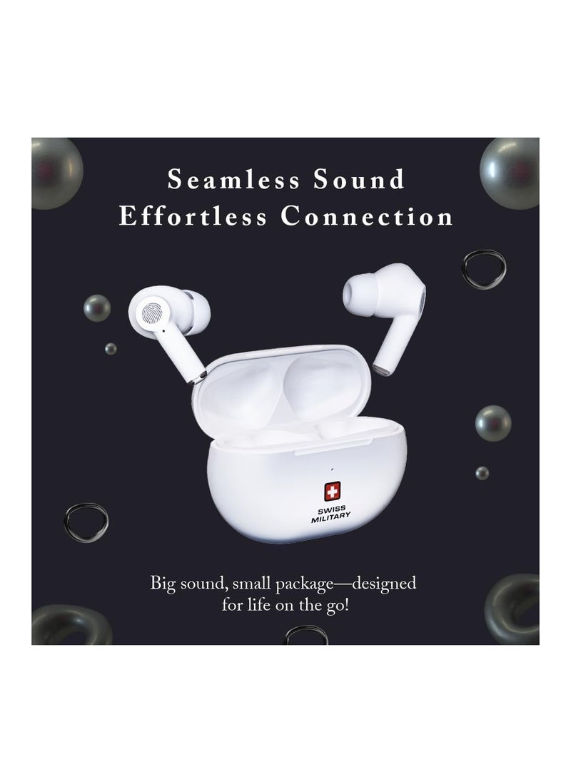 SWISS MILITARY Delta5 Active Noise Cancelling Earbuds with ENC & Transparency Mode, Smart Touch Sensors, 300Hr Standby & 5Hr Music Time, Seamless Connectivity, Works with Android/iOS Phones- White  - Image 3