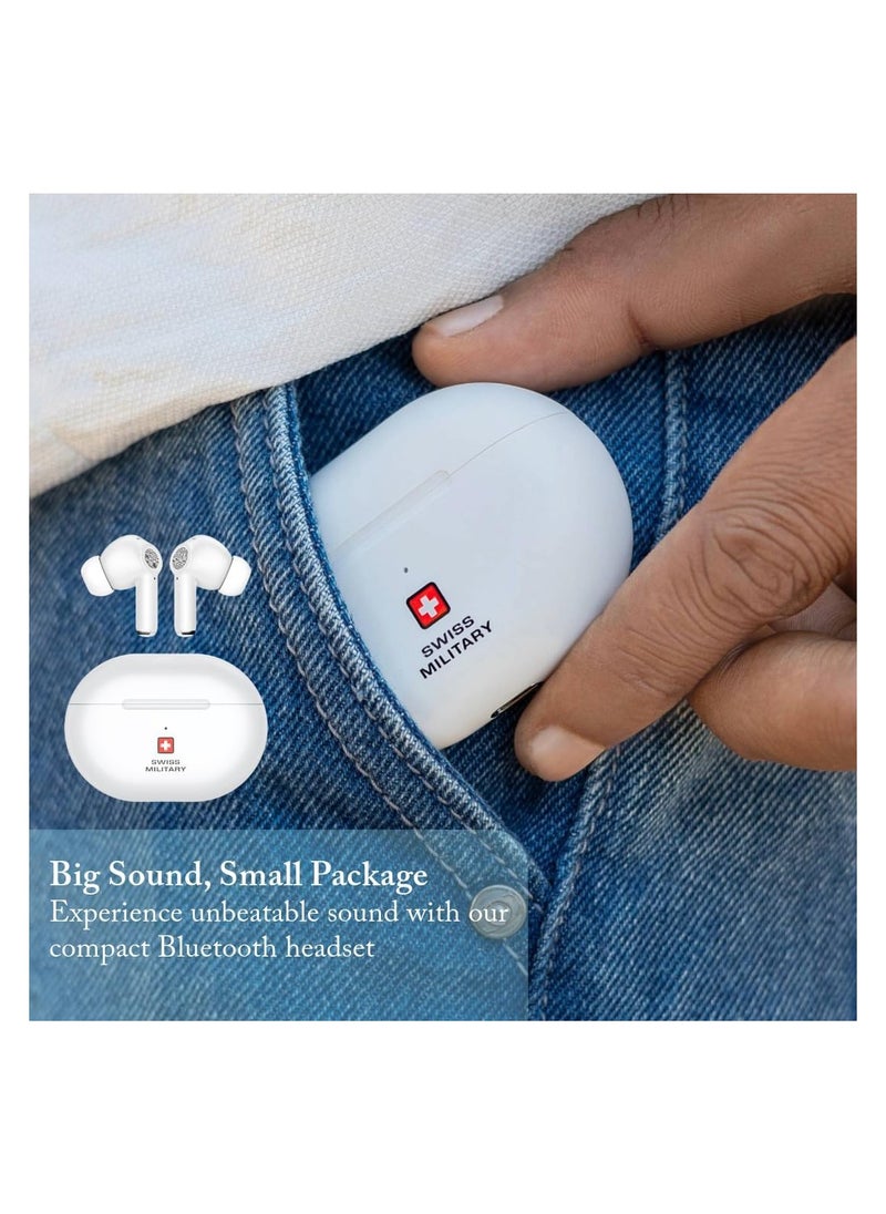 SWISS MILITARY Delta5 Active Noise Cancelling Earbuds with ENC & Transparency Mode, Smart Touch Sensors, 300Hr Standby & 5Hr Music Time, Seamless Connectivity, Works with Android/iOS Phones- White  - Image 4