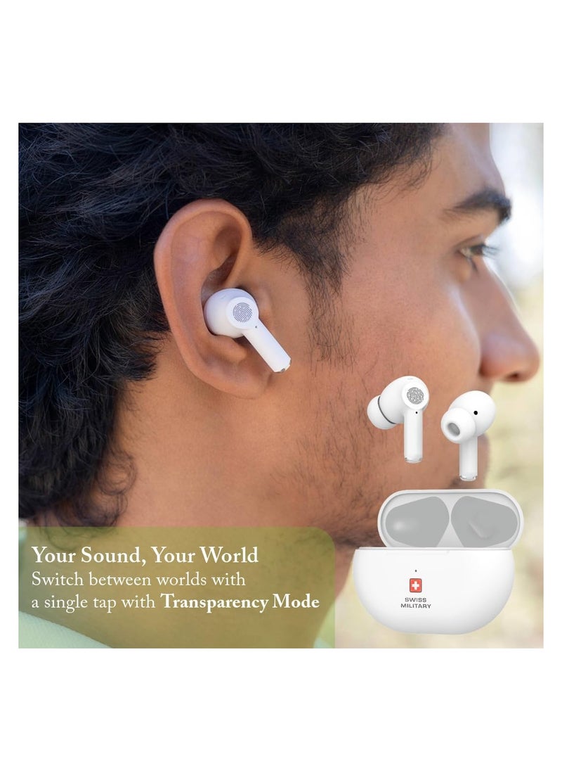 SWISS MILITARY Delta5 Active Noise Cancelling Earbuds with ENC & Transparency Mode, Smart Touch Sensors, 300Hr Standby & 5Hr Music Time, Seamless Connectivity, Works with Android/iOS Phones- White  - Image 5