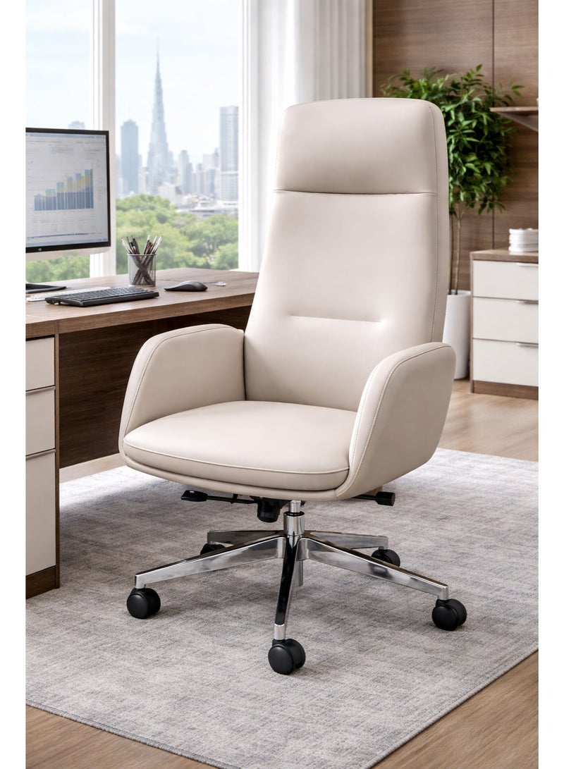 FURALUX High Back Executive Office Chair in PU Leather with Tilt Lock Mechanism, Height Adjustable Swivel Desk Chair with Chrome Base, 150KG Capacity – Beige - Image 5