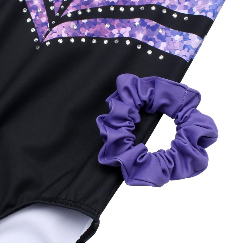 JOYSTREAM Gymnastics Leotards for Girls With Shorts Sparkly Ballet Dance Long Printed Sleeve Outfit 12-13Years,Violet-black Diamond - Image 4