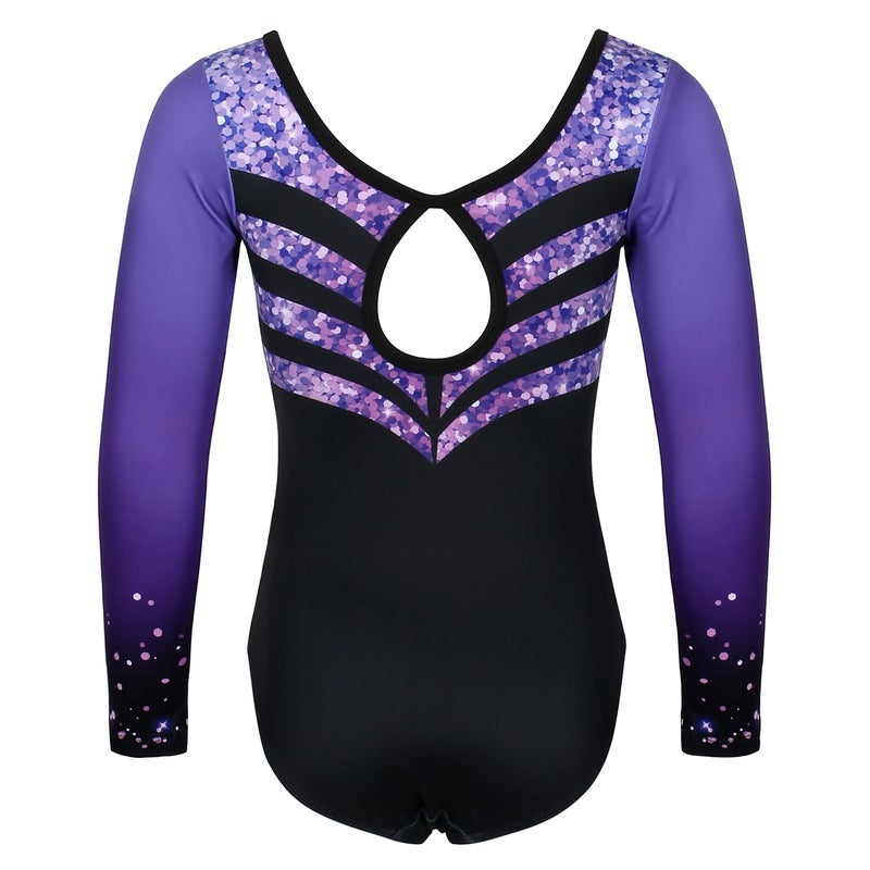 JOYSTREAM Gymnastics Leotards for Girls With Shorts Sparkly Ballet Dance Long Printed Sleeve Outfit 12-13Years,Violet-black Diamond - Image 2
