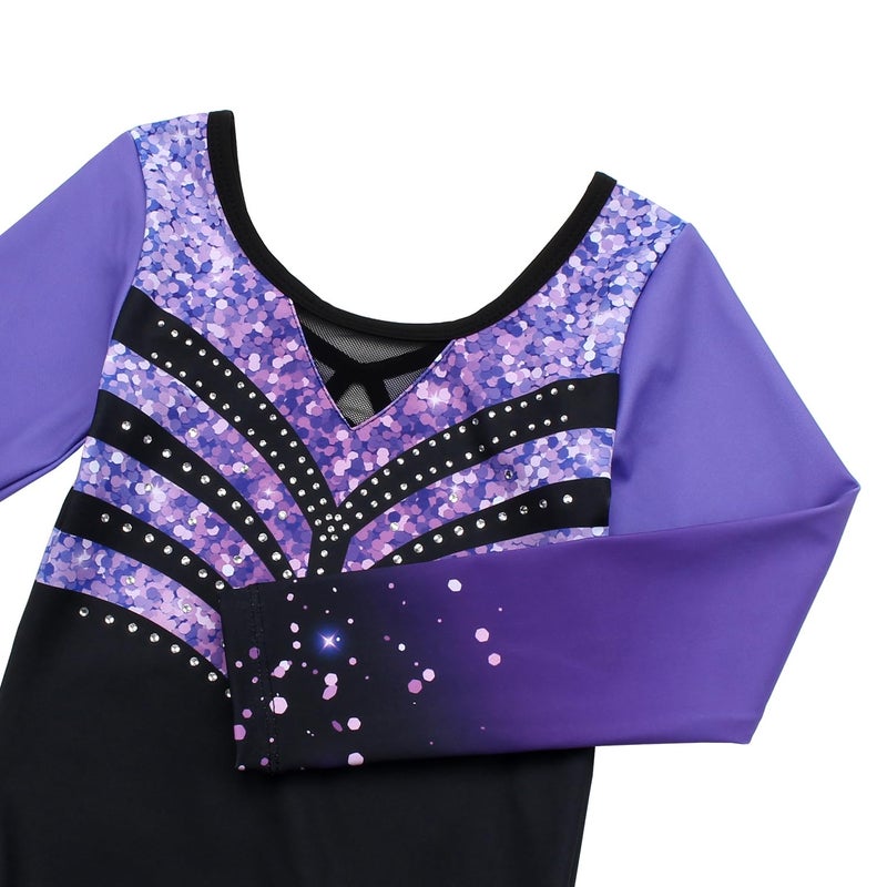 JOYSTREAM Gymnastics Leotards for Girls With Shorts Sparkly Ballet Dance Long Printed Sleeve Outfit 12-13Years,Violet-black Diamond - Image 3
