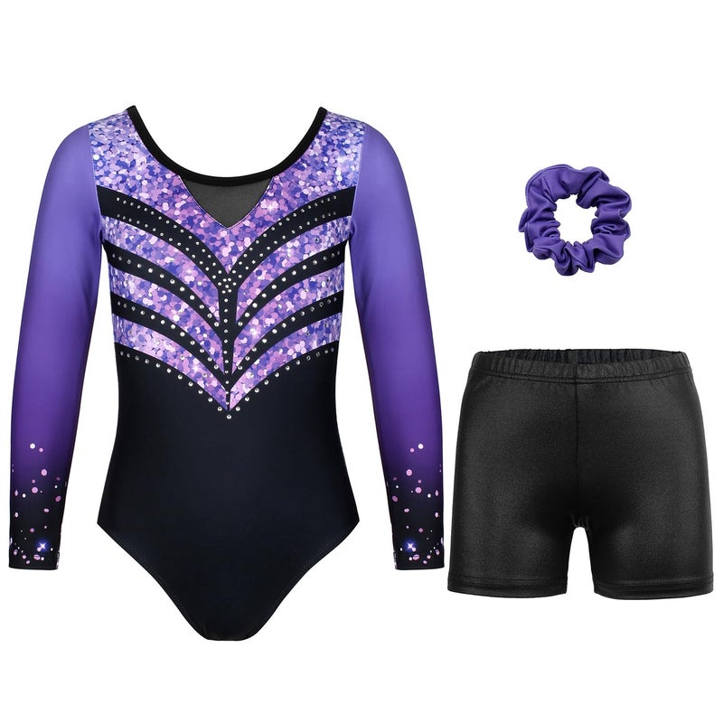 JOYSTREAM Gymnastics Leotards for Girls With Shorts Sparkly Ballet Dance Long Printed Sleeve Outfit 12-13Years,Violet-black Diamond - Image 1