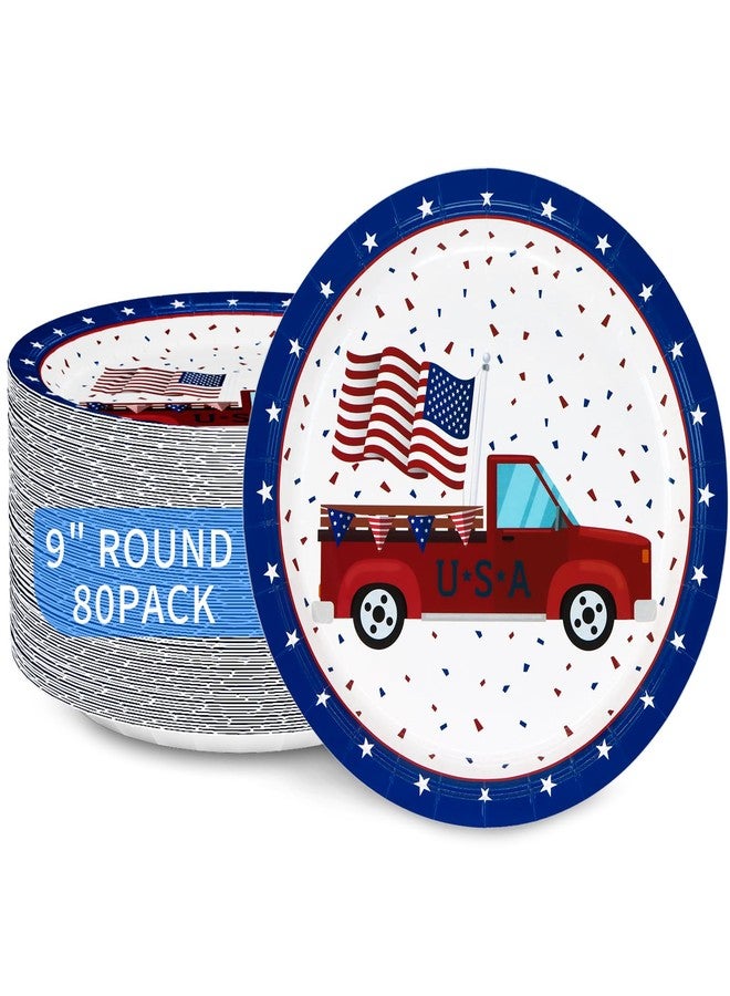 DYLIVeS 4th of July Plates, 9 Inch Patriotic American Flag and Truck Disposable Paper for Memorial Day, Veteran, Independence Day Party Decorations, Dinnerware Supplies, 80 Pack - Image 1
