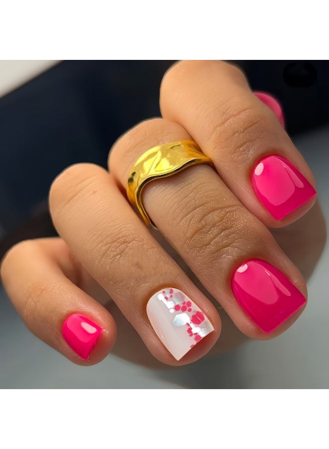 Neon Pink & White Hand-Painted Press-On Nails (24 Pcs) - Comes with Jelly Adhesive Tabs, Nail File, and Nail Removal Stick (For Women) - Image 1