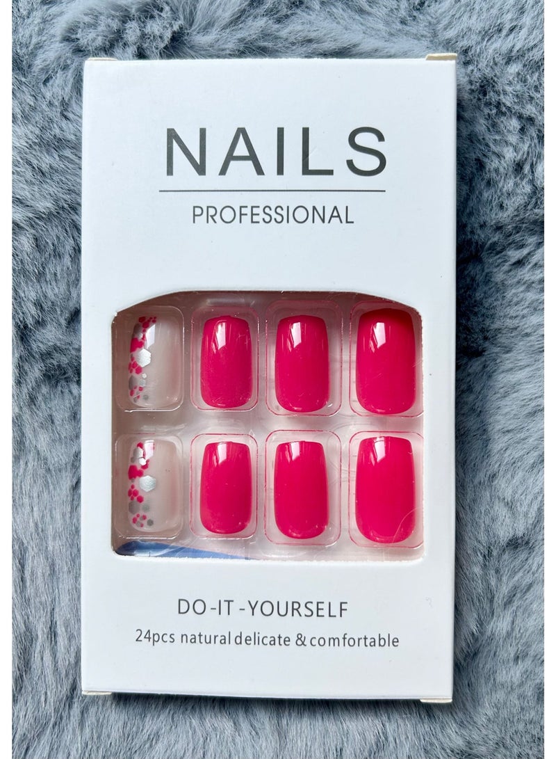 Neon Pink & White Hand-Painted Press-On Nails (24 Pcs) - Comes with Jelly Adhesive Tabs, Nail File, and Nail Removal Stick (For Women) - Image 3