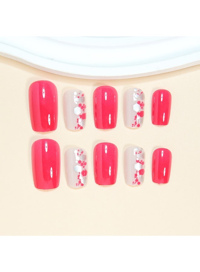 Neon Pink & White Hand-Painted Press-On Nails (24 Pcs) - Comes with Jelly Adhesive Tabs, Nail File, and Nail Removal Stick (For Women) - Image 4