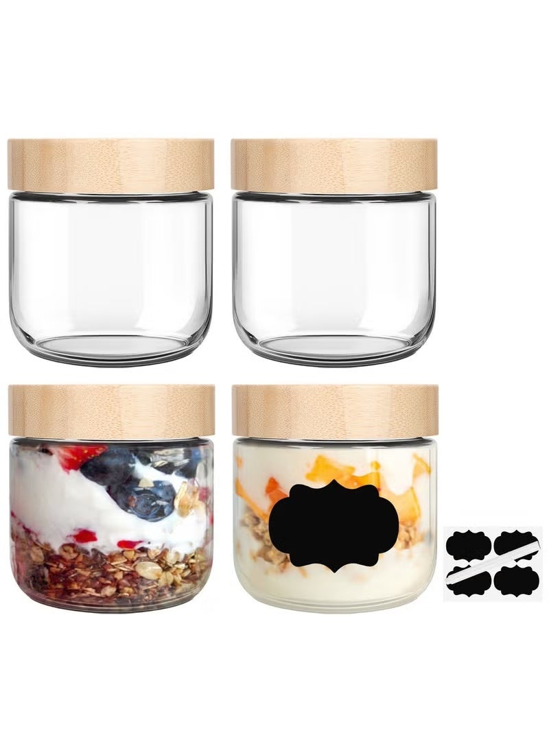 4 عبوات من برطمانات الشوفان الزجاجية الليلية مع أغطية من الخيزران، حاويات محكمة الغلق بفم واسع 10 أونصة لإعداد الوجبات والزبادي والسلطة وتخزين المؤن - Image 1