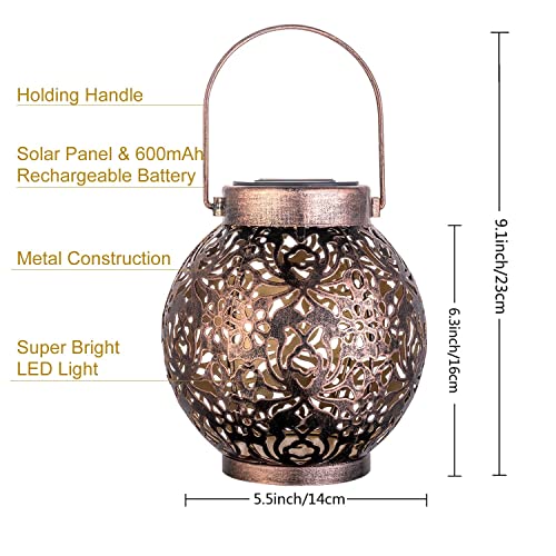 EXCMARK Outdoor Solar Hanging Lantern Lights Metal LED Decorative Lamp for Garden Patio Courtyard Lawn and Table with Hollowed-Out Design (Bronze) - Image 3