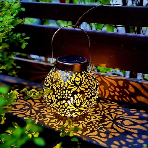 EXCMARK Outdoor Solar Hanging Lantern Lights Metal LED Decorative Lamp for Garden Patio Courtyard Lawn and Table with Hollowed-Out Design (Bronze) - Image 4