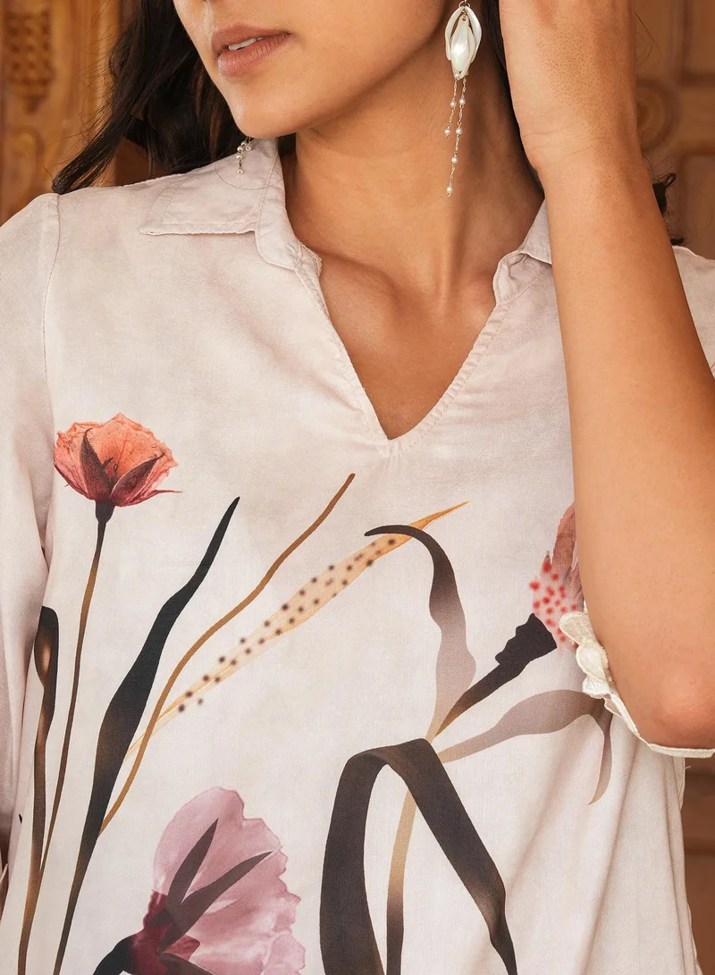 QISSA Women's Off-White Bloomera Imprint Kurta Set