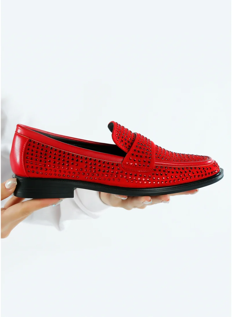 London Rag Rhinestones Embellished Loafers in Red