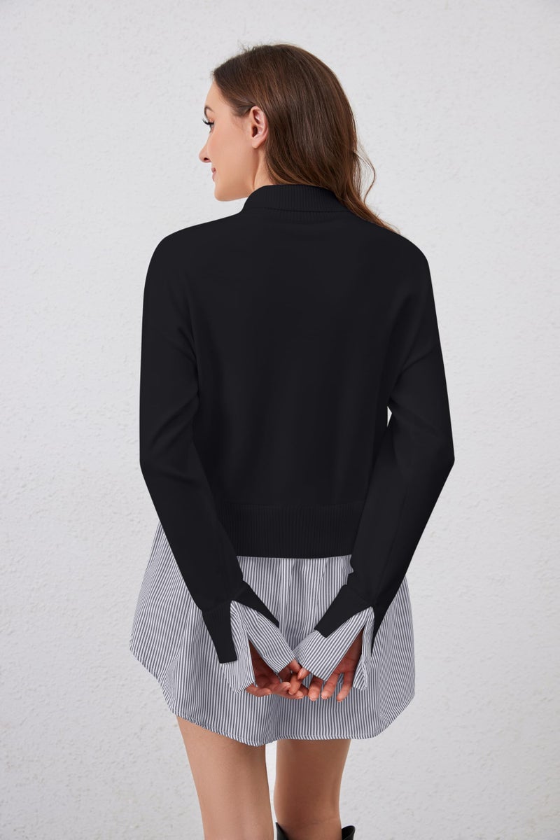 MISSACTIVER Women Slit Turtleneck Patchwork Sweater 2 in 1 Buttons Down Pullover Knit Sweater Asymmetrical Hem Shirt Top Black - Image 5