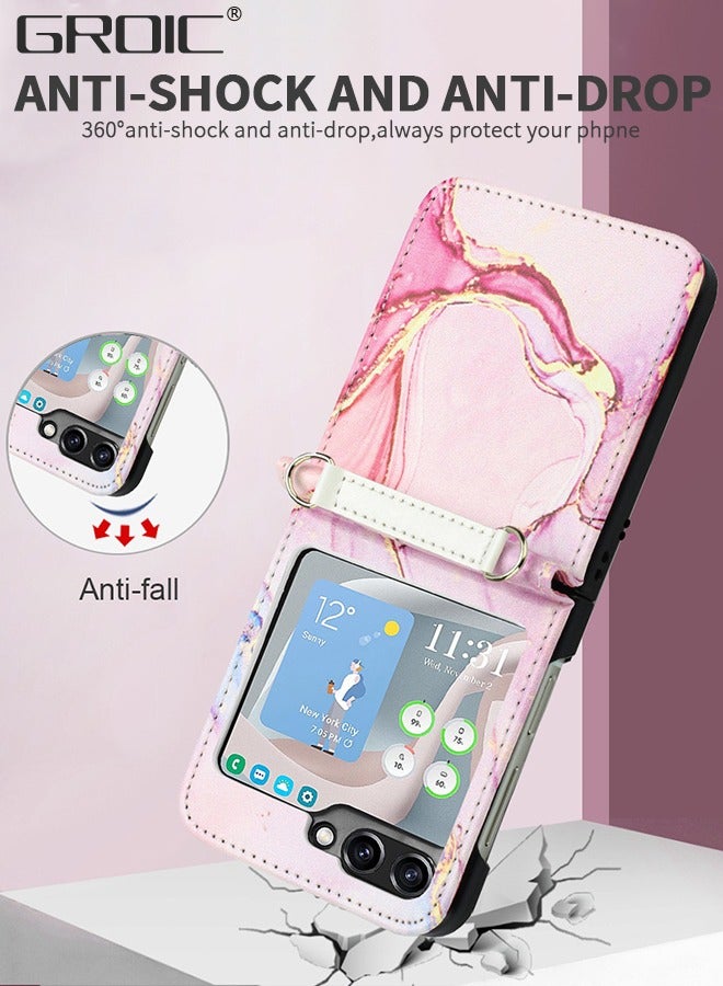 GROIC For Samsung Galaxy Z Flip 5 5G Case, Galaxy Z Flip 5 Marble Leather Case with Adjustable Crossbody Lanyard, Leather + PC Shell Ultra Thin Slim Durable Protective Phone Cover for Galaxy Z Flip 5 - Image 5
