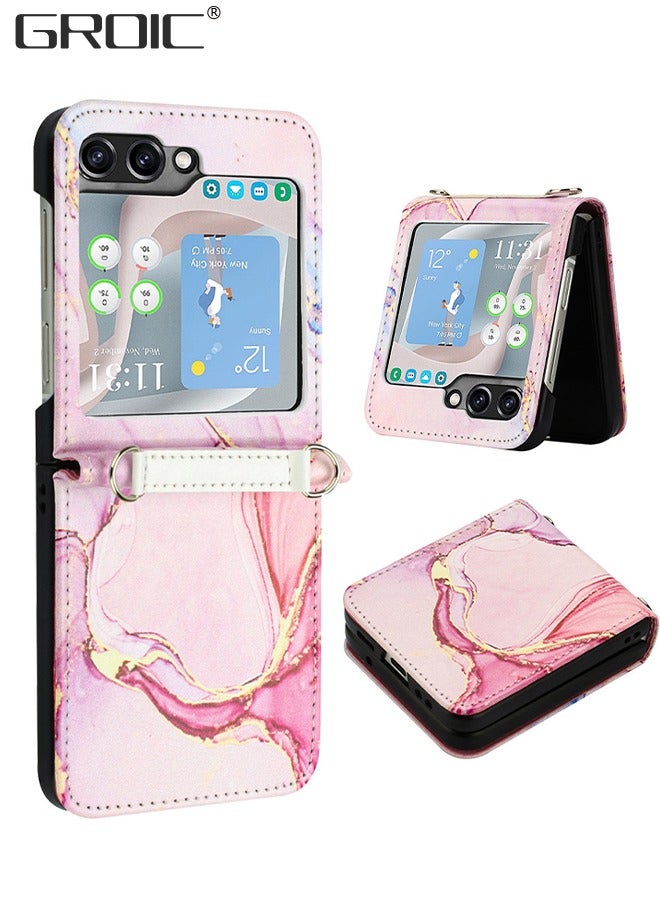 GROIC For Samsung Galaxy Z Flip 5 5G Case, Galaxy Z Flip 5 Marble Leather Case with Adjustable Crossbody Lanyard, Leather + PC Shell Ultra Thin Slim Durable Protective Phone Cover for Galaxy Z Flip 5 - Image 1