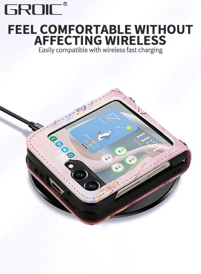 GROIC For Samsung Galaxy Z Flip 5 5G Case, Galaxy Z Flip 5 Marble Leather Case with Adjustable Crossbody Lanyard, Leather + PC Shell Ultra Thin Slim Durable Protective Phone Cover for Galaxy Z Flip 5 - Image 4