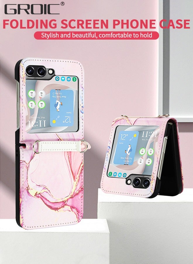 GROIC For Samsung Galaxy Z Flip 5 5G Case, Galaxy Z Flip 5 Marble Leather Case with Adjustable Crossbody Lanyard, Leather + PC Shell Ultra Thin Slim Durable Protective Phone Cover for Galaxy Z Flip 5 - Image 2