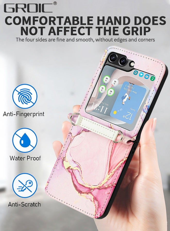 GROIC For Samsung Galaxy Z Flip 5 5G Case, Galaxy Z Flip 5 Marble Leather Case with Adjustable Crossbody Lanyard, Leather + PC Shell Ultra Thin Slim Durable Protective Phone Cover for Galaxy Z Flip 5 - Image 3