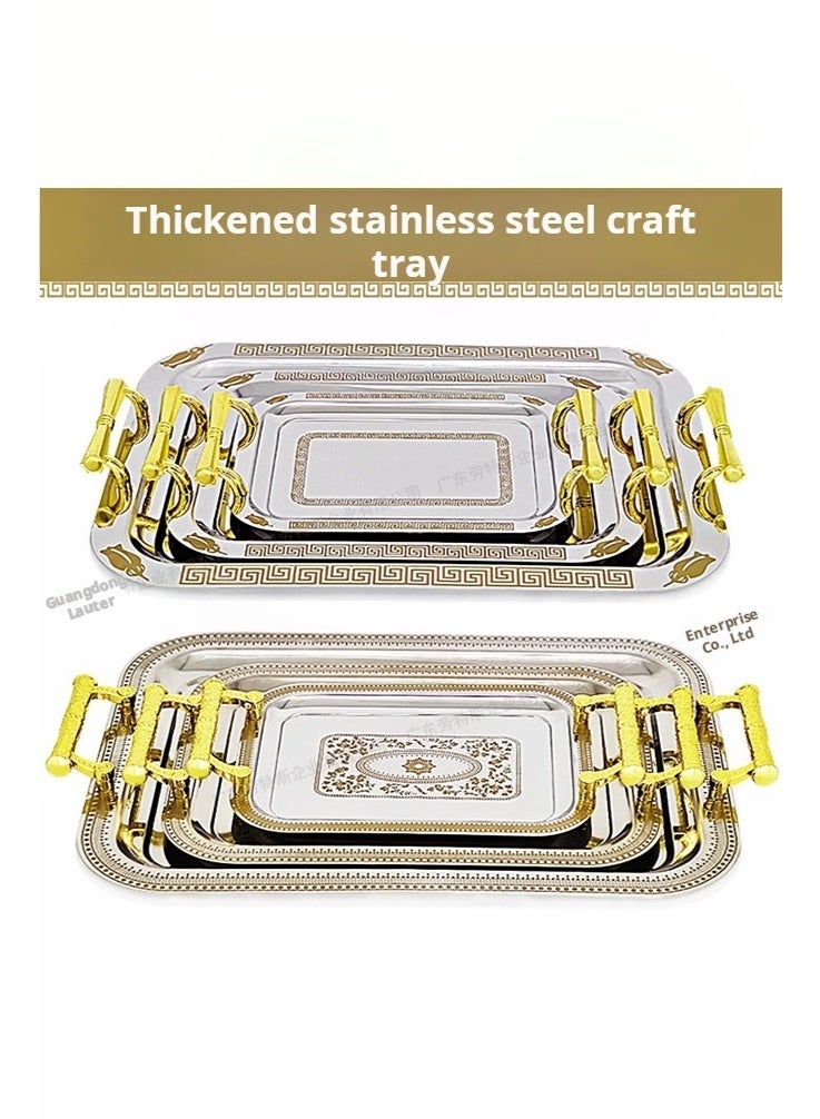 طقم صواني تقديم من الفولاذ المقاوم للصدأ مكون من 3 قطع بمقابض ذهبية. - Image 5