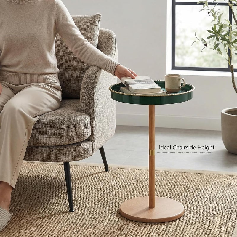 Simmer Stone Boho Round Side Table With Tray Top, Pedestal Drink Table for Small Spaces, Aesthetic Accent Nightstand for Living Room, Bedroom, Corners, and Office (Yellow Leg Green leopard) - Image 2