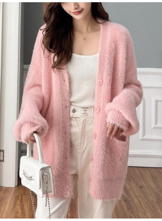 Leyuan Autumn And Winter Plus Size Faux Mink V-neck Knitted Cardigan Coat Loose Casual Women's Sweater - Image 3