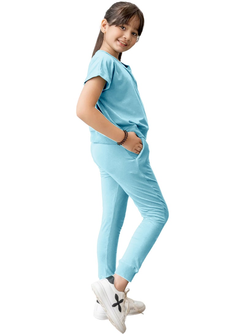Selecta Now Kids Girls Sky Blue T-Shirt Top & Legging Set Soft Stretchable Cotton Casual Outfit Comfortable & Stylish Everyday Wear Co-Ord Set - Image 2