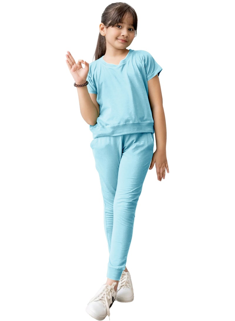 Selecta Now Kids Girls Sky Blue T-Shirt Top & Legging Set Soft Stretchable Cotton Casual Outfit Comfortable & Stylish Everyday Wear Co-Ord Set - Image 3