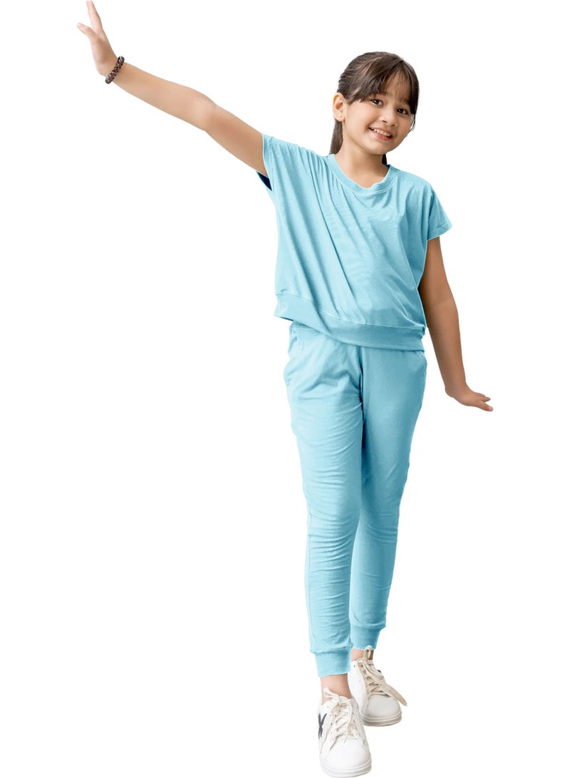 Selecta Now Kids Girls Sky Blue T-Shirt Top & Legging Set Soft Stretchable Cotton Casual Outfit Comfortable & Stylish Everyday Wear Co-Ord Set - Image 4