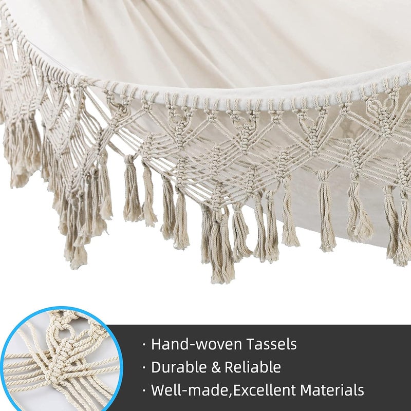 ROOITY Indoor Hammock with Macrame Fringe for 2 Persons,Double Boho Hammocks with Tassels,Portable Cotton Rope Hamaca Swing with Travel Bag for Outside,Porch,Garden,Patio,Backyard,Up to 500lbs White - Image 4