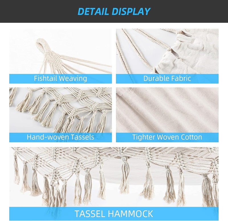 ROOITY Indoor Hammock with Macrame Fringe for 2 Persons,Double Boho Hammocks with Tassels,Portable Cotton Rope Hamaca Swing with Travel Bag for Outside,Porch,Garden,Patio,Backyard,Up to 500lbs White - Image 5