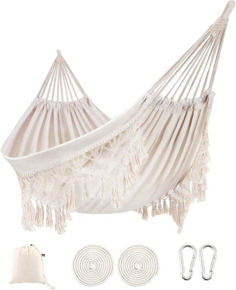 ROOITY Indoor Hammock with Macrame Fringe for 2 Persons,Double Boho Hammocks with Tassels,Portable Cotton Rope Hamaca Swing with Travel Bag for Outside,Porch,Garden,Patio,Backyard,Up to 500lbs White - Image 1