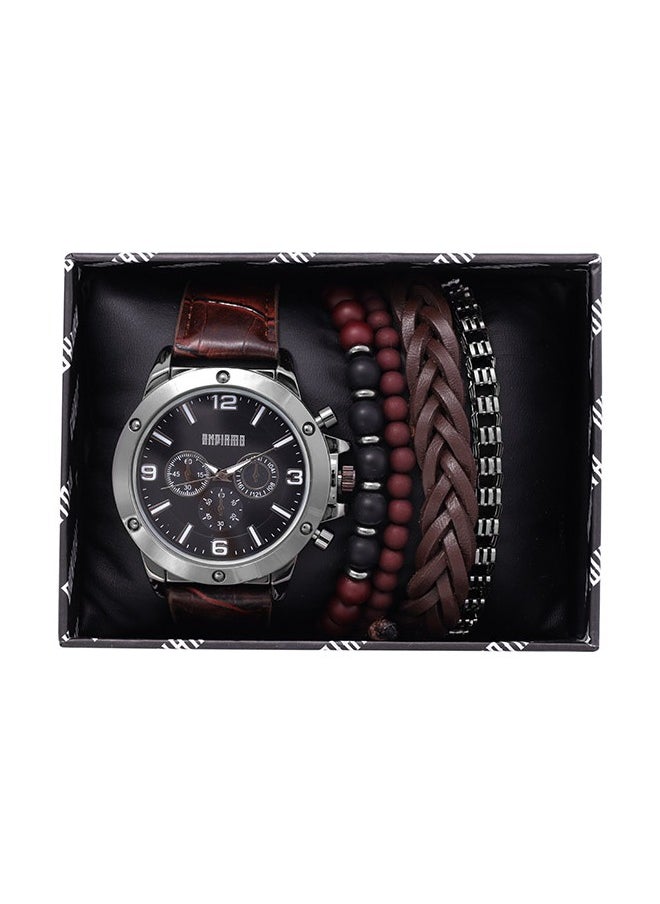 ANDIAMO Men's Analog Silver Case Brown Leather Strap Set Watch 