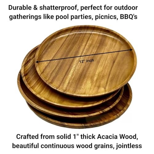 WRIGHTMART Acacia Wooden Plates – Set of 4, 12” Round Dinner & Charger Plates, Rustic Handcrafted Tableware for Charcuterie, BBQ, Farmhouse Dining, or Gift - Image 5