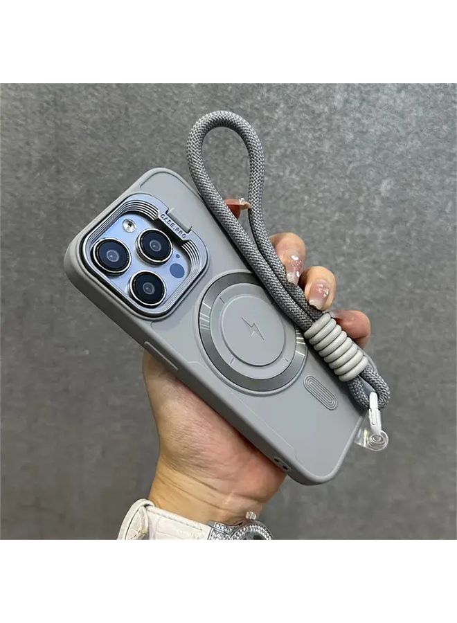 Grey Silicone Magnetic Phone Case with Short Lanyard Camera Holder for iPhone 12 Pro - Image 2