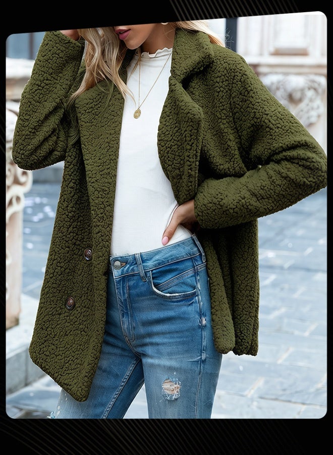 Women Double Breasted Lamb Fur Coat Loose Fuzzy Warm Winter Jacket Casual Turn Down Collar Outerwear for Daily Wear Green - Image 2
