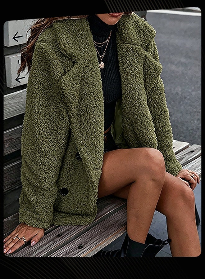 Women Double Breasted Lamb Fur Coat Loose Fuzzy Warm Winter Jacket Casual Turn Down Collar Outerwear for Daily Wear Green - Image 1