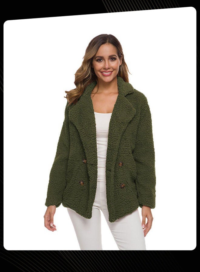 Women Double Breasted Lamb Fur Coat Loose Fuzzy Warm Winter Jacket Casual Turn Down Collar Outerwear for Daily Wear Green - Image 4