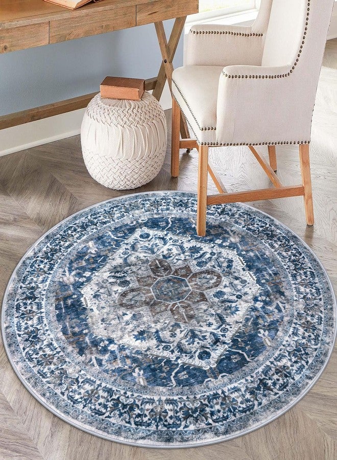 KOZYFLY Round Rug 6 Ft Rugs for Entryway Washable Circle Rug Non Slip Round Living Room Rugs Printed Faux Wool Vintage Round Dining Room Floor Carpet for Living Room, Entryway, Bedroom, Blue - Image 2