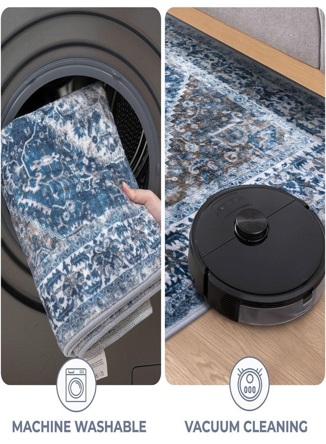 KOZYFLY Round Rug 6 Ft Rugs for Entryway Washable Circle Rug Non Slip Round Living Room Rugs Printed Faux Wool Vintage Round Dining Room Floor Carpet for Living Room, Entryway, Bedroom, Blue - Image 5