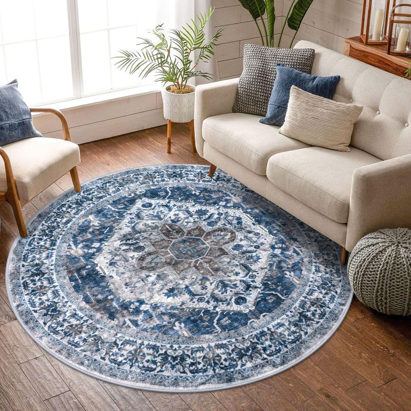 KOZYFLY Round Rug 6 Ft Rugs for Entryway Washable Circle Rug Non Slip Round Living Room Rugs Printed Faux Wool Vintage Round Dining Room Floor Carpet for Living Room, Entryway, Bedroom, Blue - Image 1