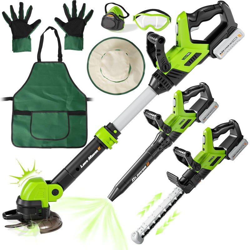 MUZREES UPGRADED Kids Tool Set, 3-IN-1 Toddler Power Garden Tools with Sounds & Lights, Volume+/-, Toy Weed Wacker, Leaf Blower & Hedge Trimmer, Hat, Gloves, Apron, Toy Tools Christmas Birthday Gifts for Boys - Image 1