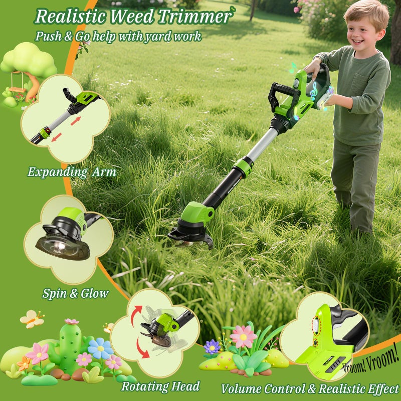 MUZREES UPGRADED Kids Tool Set, 3-IN-1 Toddler Power Garden Tools with Sounds & Lights, Volume+/-, Toy Weed Wacker, Leaf Blower & Hedge Trimmer, Hat, Gloves, Apron, Toy Tools Christmas Birthday Gifts for Boys - Image 5