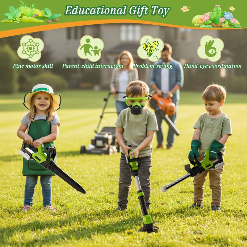 MUZREES UPGRADED Kids Tool Set, 3-IN-1 Toddler Power Garden Tools with Sounds & Lights, Volume+/-, Toy Weed Wacker, Leaf Blower & Hedge Trimmer, Hat, Gloves, Apron, Toy Tools Christmas Birthday Gifts for Boys - Image 2