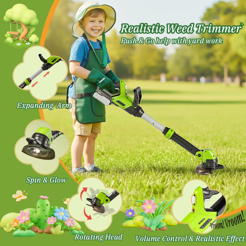 MUZREES UPGRADED Kids Tool Set, 3-IN-1 Toddler Power Garden Tools with Sounds & Lights, Volume+/-, Toy Weed Wacker, Leaf Blower & Hedge Trimmer, Hat, Gloves, Apron, Toy Tools Christmas Birthday Gifts for Boys - Image 4