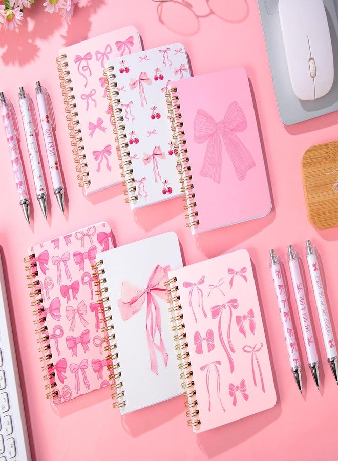 Resurhang 6 Pack Pink Bow Spiral Pocket Notebooks Coquette Bow A6-Small Notebooks Cute Preppy Aesthetic Journal with Ballpoint Pens for Office School Day Classroom Prize Gifts 5.7 x 4.1 Inch - Image 5