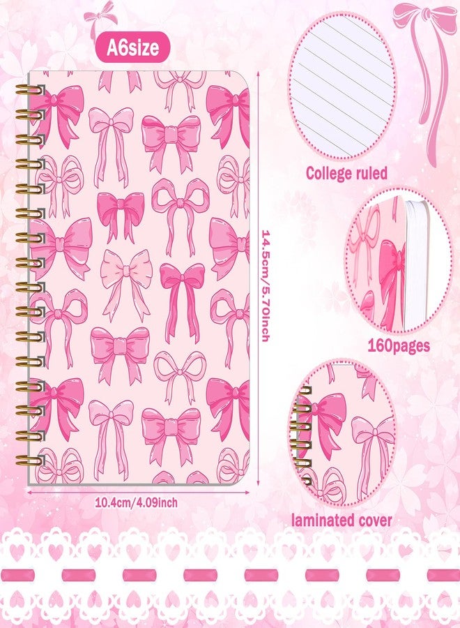 Resurhang 6 Pack Pink Bow Spiral Pocket Notebooks Coquette Bow A6-Small Notebooks Cute Preppy Aesthetic Journal with Ballpoint Pens for Office School Day Classroom Prize Gifts 5.7 x 4.1 Inch - Image 3