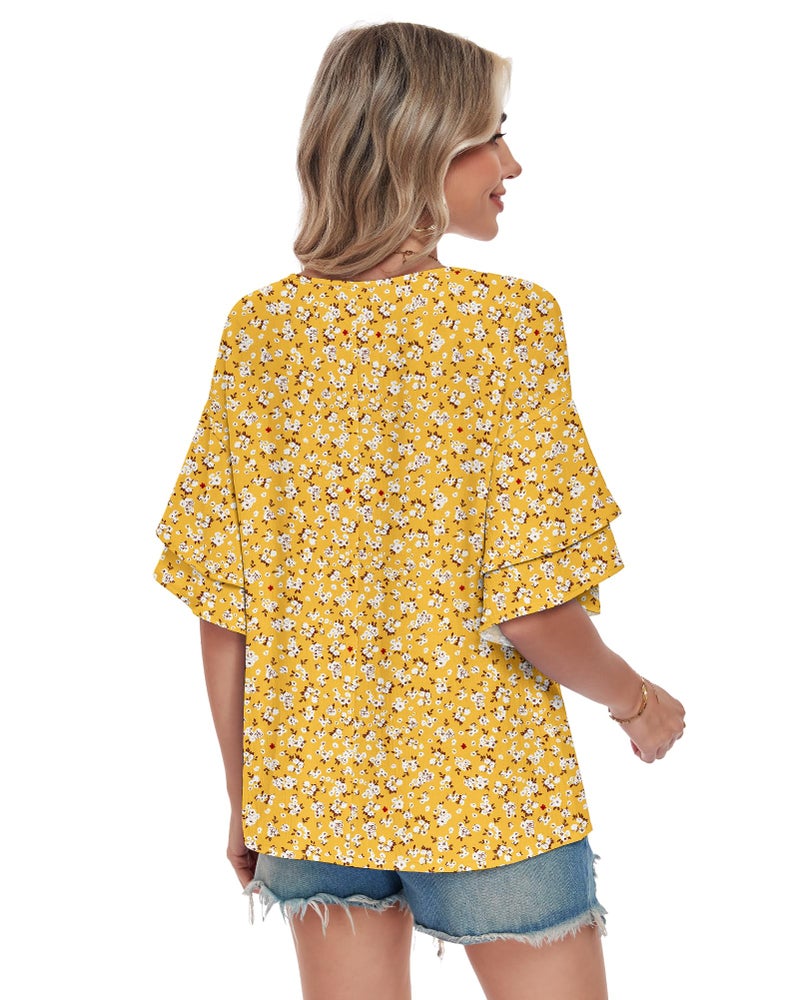 AUSELILY Ruffle Short Sleeve Shirts for Women 3/4 Sleeve V Neck Summer Blouses Women Dressy Casual Floral Ladies Tops Spring Summer 2026 Trendy Yellow Floral XX-Large - Image 5