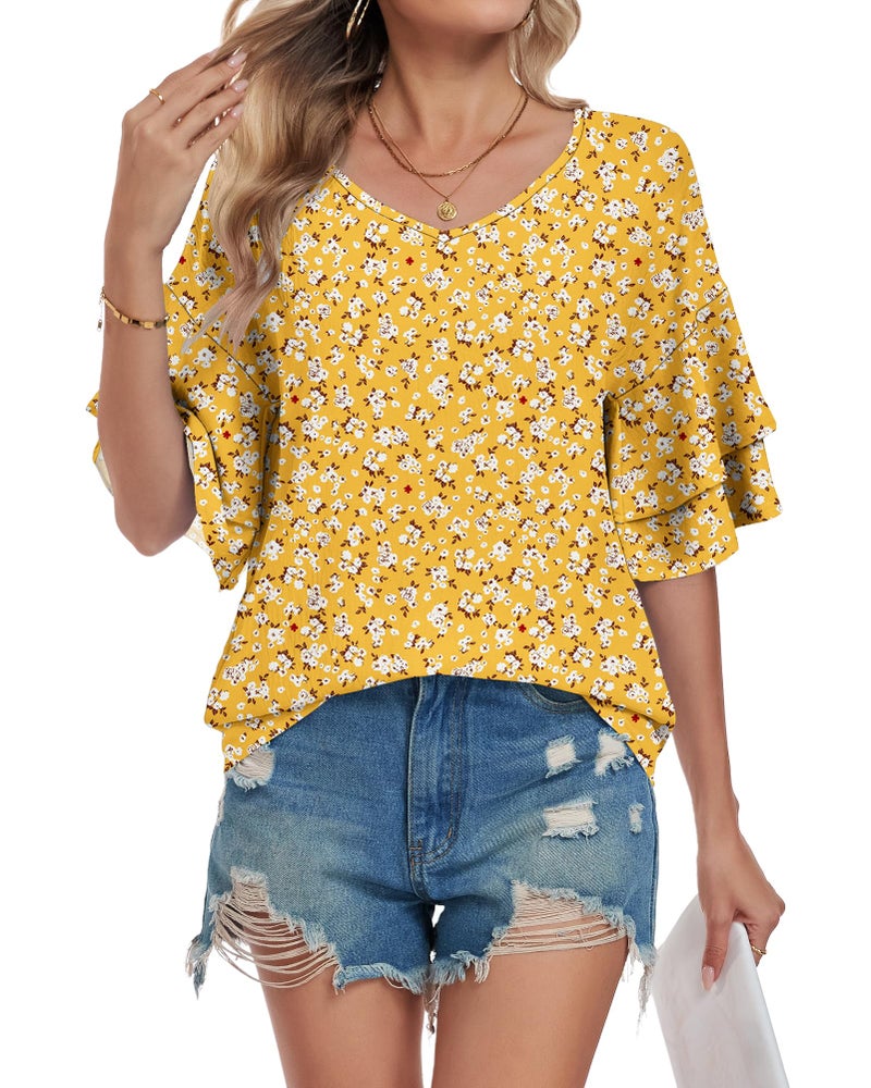 AUSELILY Ruffle Short Sleeve Shirts for Women 3/4 Sleeve V Neck Summer Blouses Women Dressy Casual Floral Ladies Tops Spring Summer 2026 Trendy Yellow Floral XX-Large - Image 2