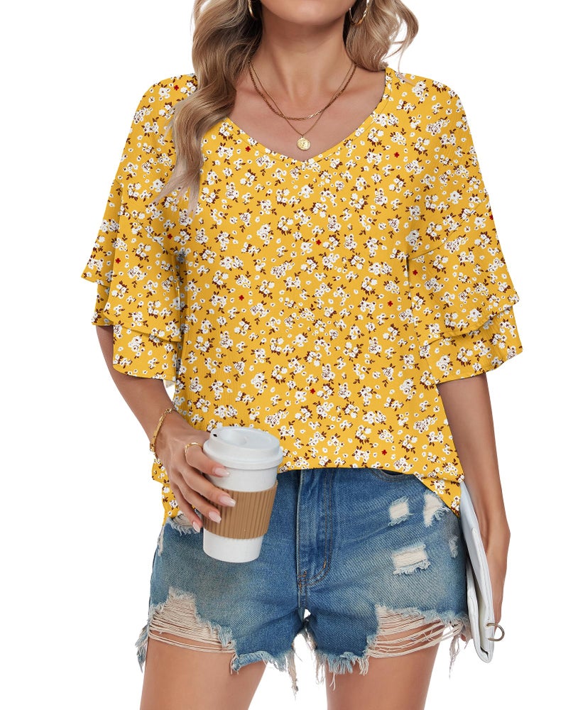 AUSELILY Ruffle Short Sleeve Shirts for Women 3/4 Sleeve V Neck Summer Blouses Women Dressy Casual Floral Ladies Tops Spring Summer 2026 Trendy Yellow Floral XX-Large - Image 4